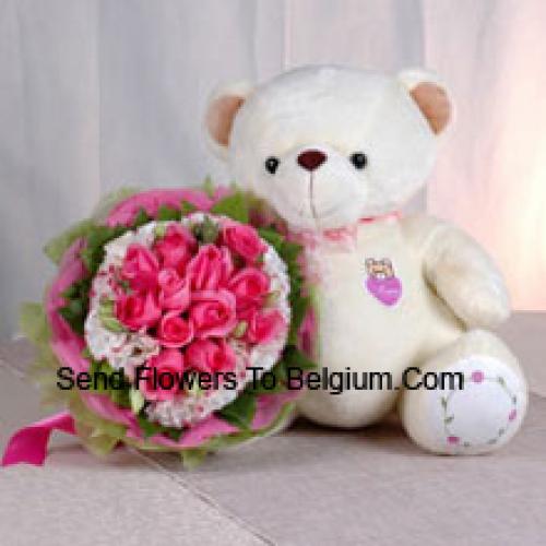 11 Pink Roses with Sweet Lovely Teddy