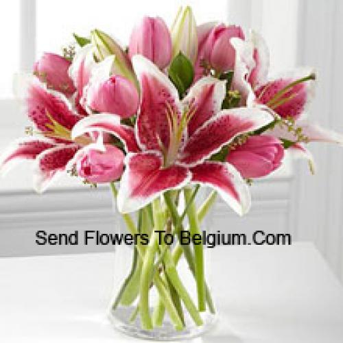 Pink Lilies and Tulips in Vase