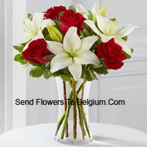 Red Roses and Cute White Lilies in Vase