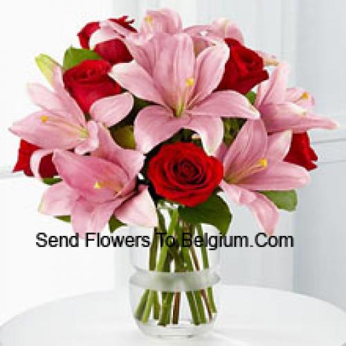 Pink Lilies and Cute Red Roses