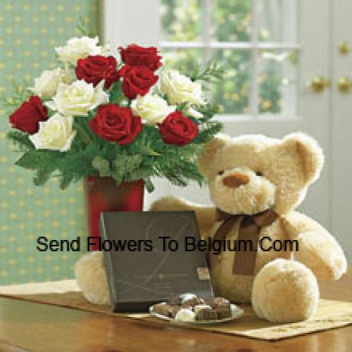 Red and White Roses with Teddy and Chocolates