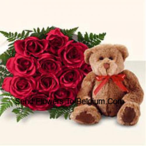 11 Rode Rozen met Schattige Bruine Teddybeer