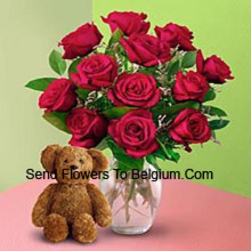 11 Roses in Vase with Teddy