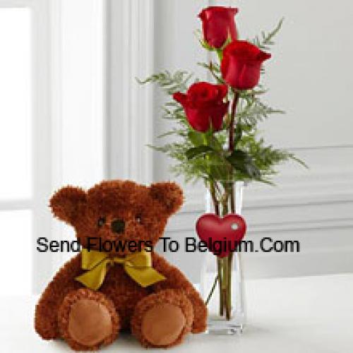 10 Inches Bear with 3 Red Roses