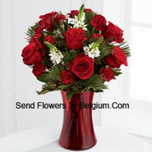 Roses and Assorted Greenery in Red Vase