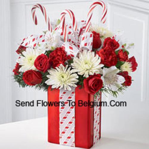 Roses, Mums, Carnations with Greens in Vase